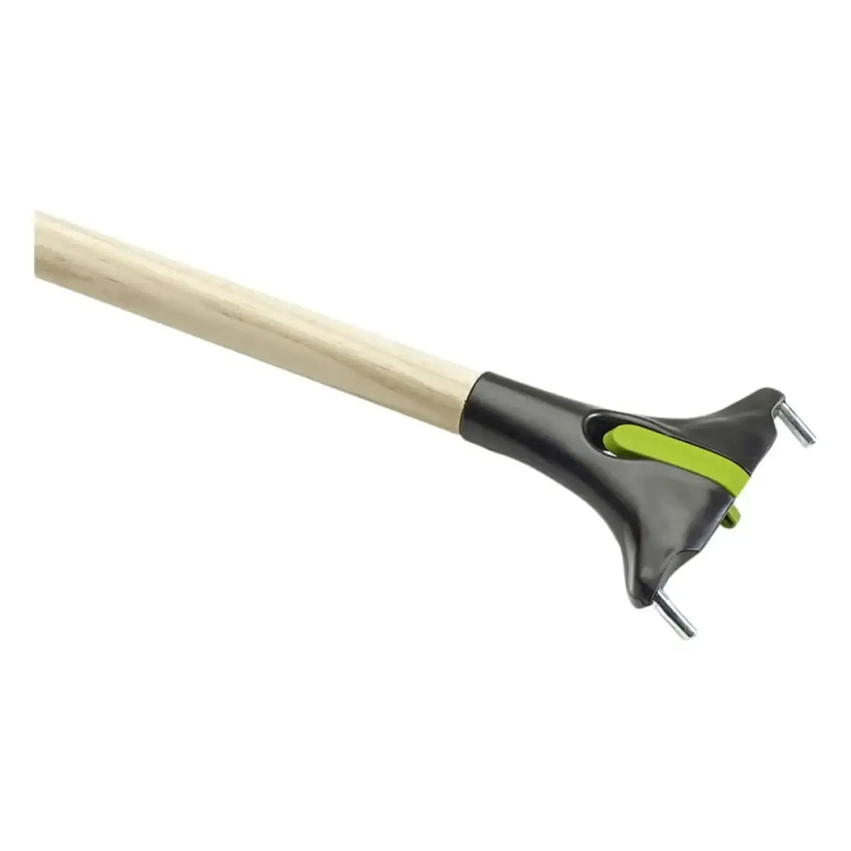 Nölle beconnect holz-gerätestiel 150 cm mit schwarz-limettengrünem griff und metallzinken an hellem holzschaft