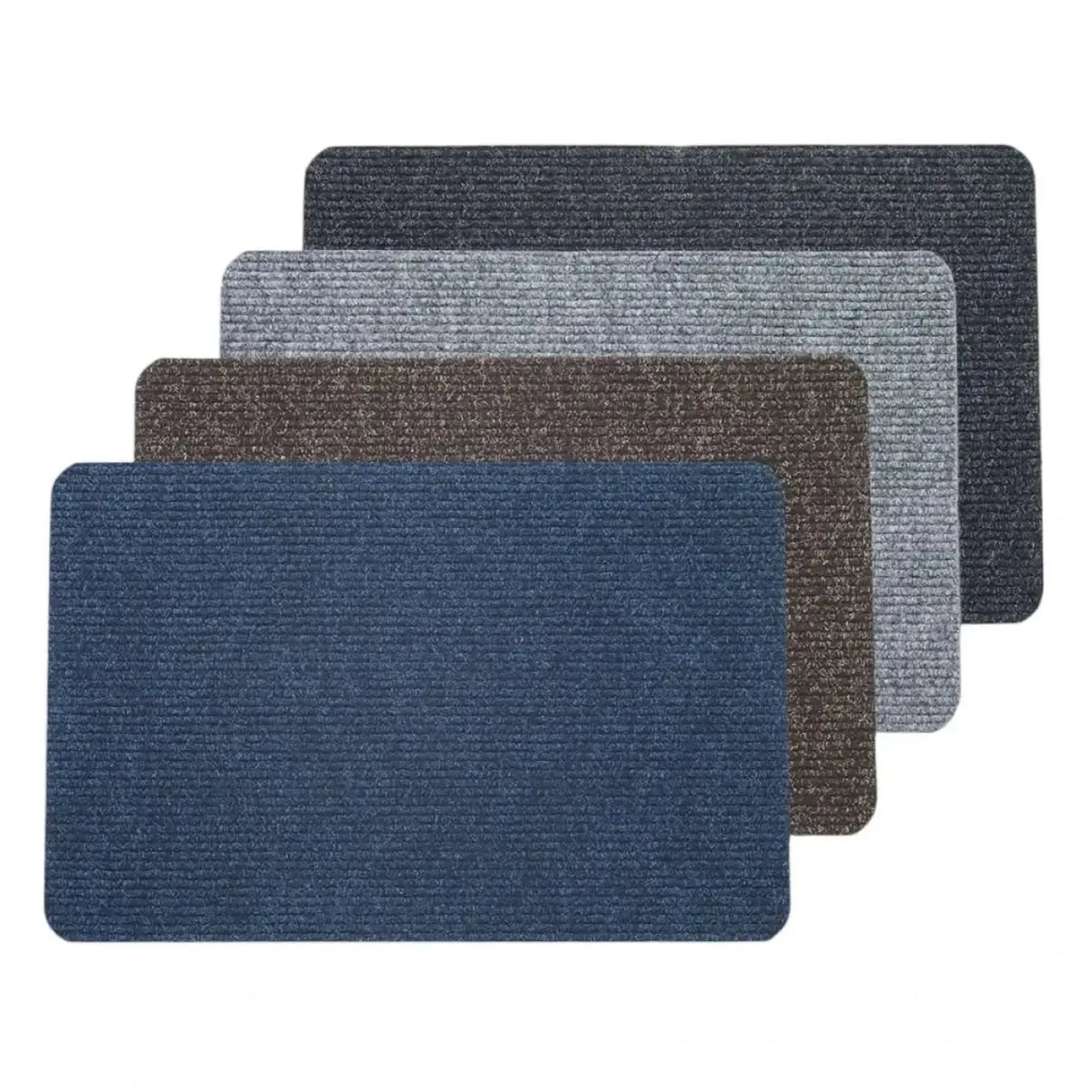 Set von fünf nölle fußmatten nadelfilzmatten gerippt in navy blau grau braun und dunkel anthrazit