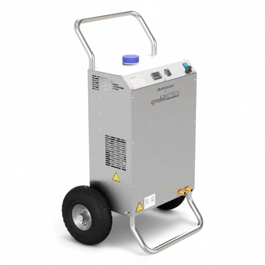 Osmobil hotbox reinwasserheizung silberner industrieller dampfreiniger mit blauem deckel schwarzen rädern und metallgriff