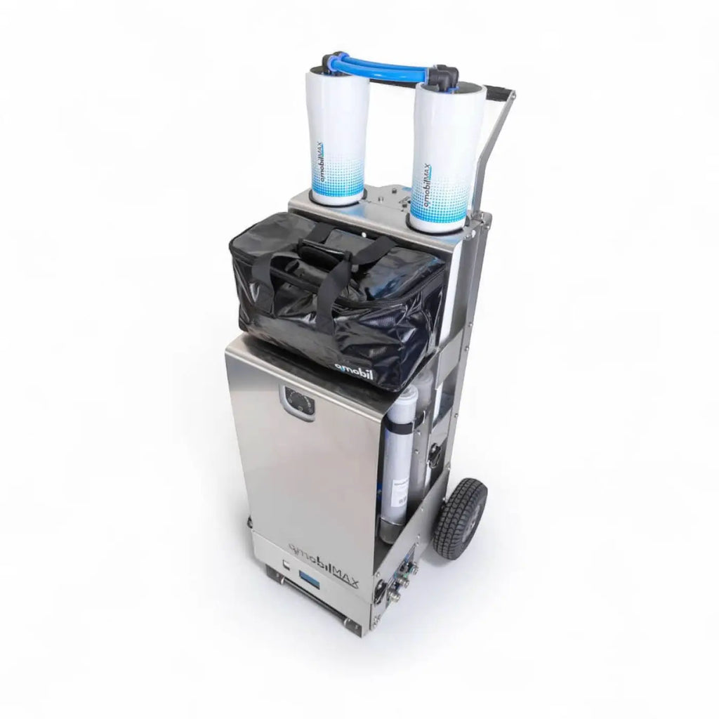 Stainless steel mobile water filtration cart osmobil max 750 liter with two white filters and black carrying bag