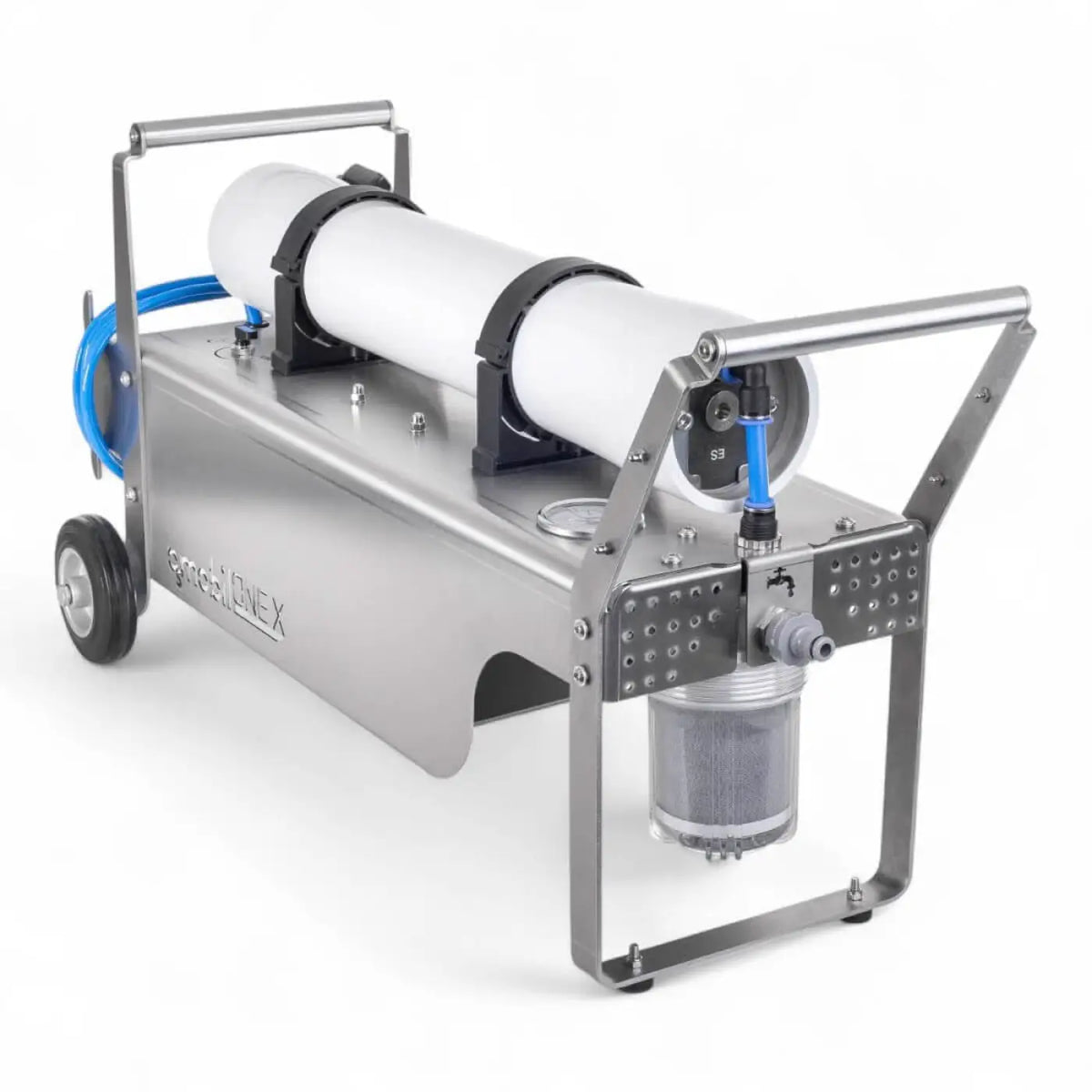Osmobil one x silberner edelstahl wasserfilter mit weißem zylinderfilter und blauen schläuchen für reinigung