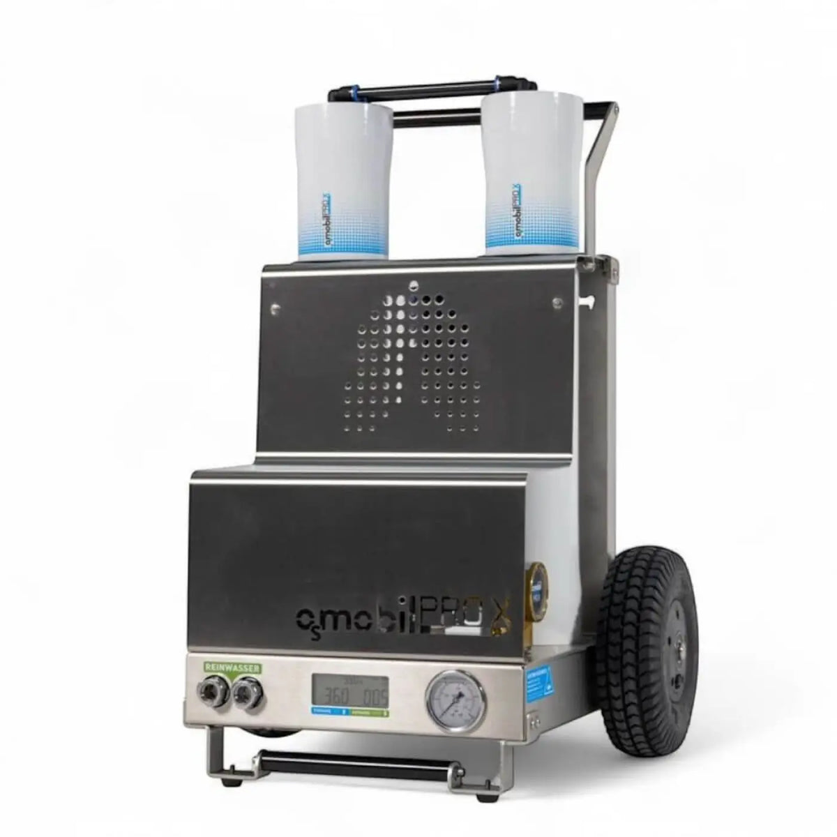Silber-schwarzes industrietaugliches mobiles wasserfiltersystem osmobil pro x mit zwei weißen zylindrischen filtern für glas pv und fassadenreinigung