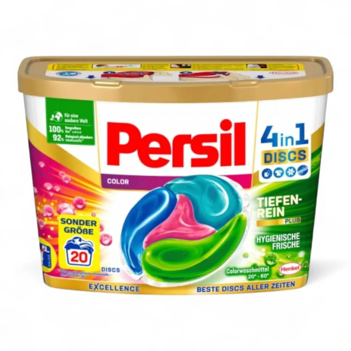 Persil colorwaschmittel 4 in1 discs in goldener dose mit bunten blauen, rosa und grünen gelkapseln für 20 waschladungen