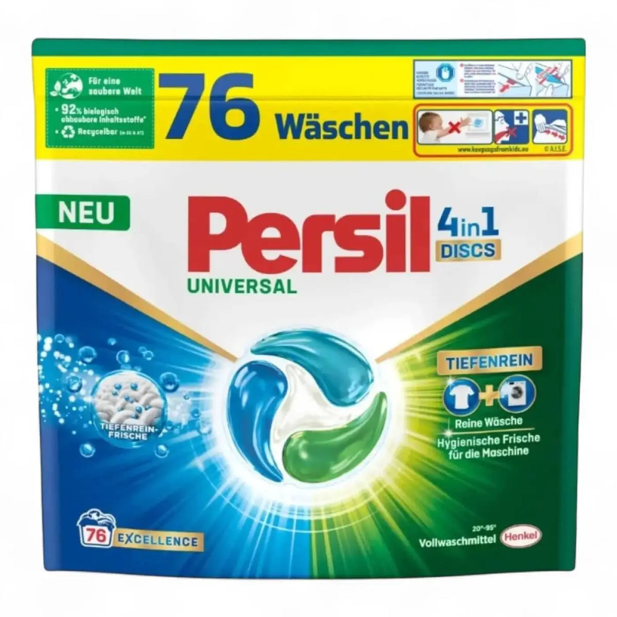 Persil vollwaschmittel 4 in1 discs universal 76wl mit 76 waschladungen in grün-blauer verpackung
