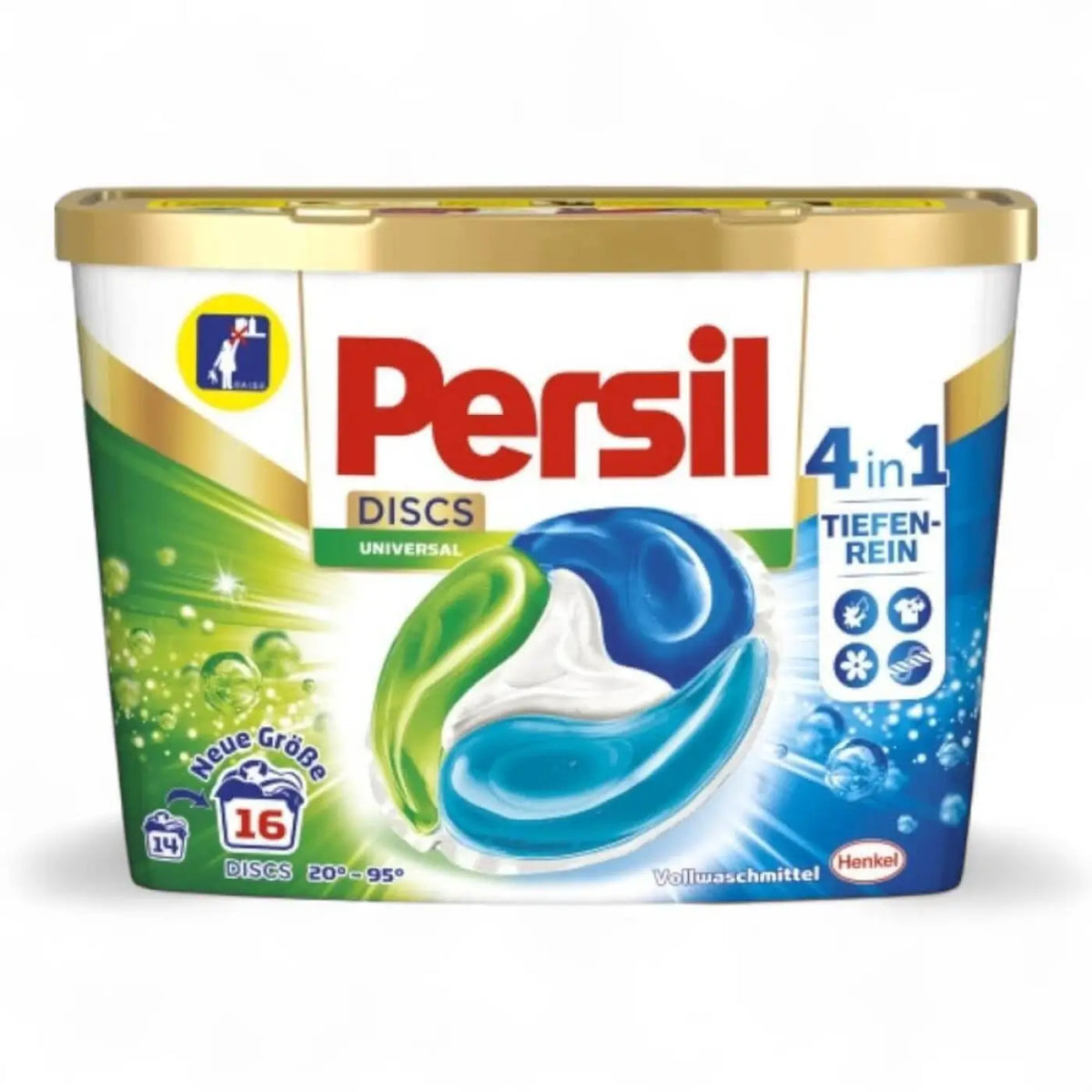 Persil vollwaschmittel universal 4 in 1 discs in weißem, grünem und blauem behälter mit goldfarbenem deckel, 16 waschladungen