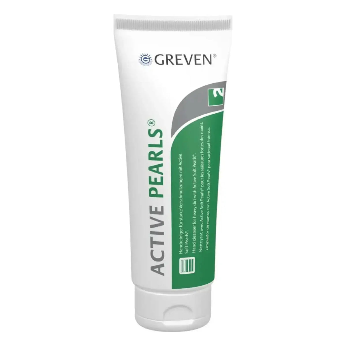 Weißer und grüner tube von peter greven active pearls handreiniger lösemittelfrei für sanfte reinigung