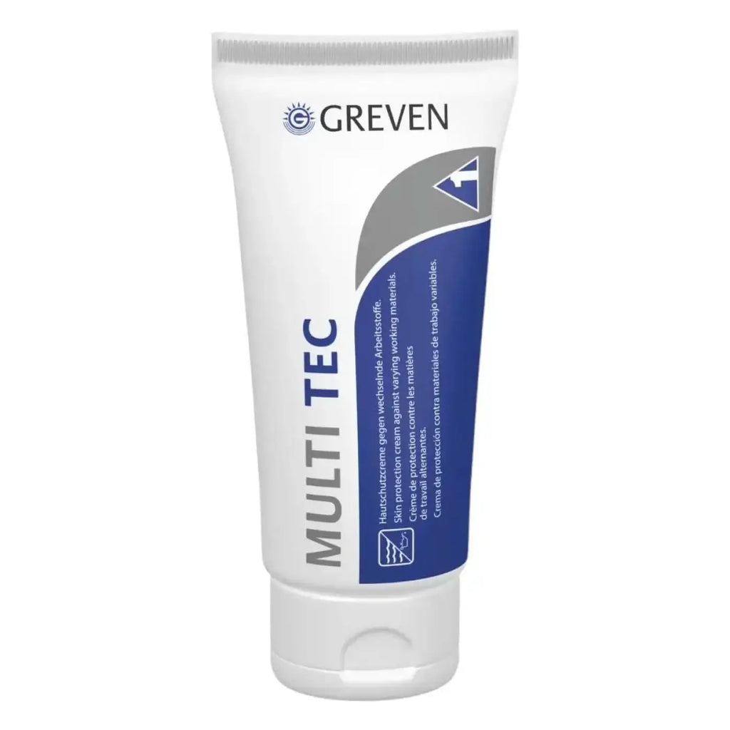 Weiße tube peter greven multi tec schutzcreme parfümiert mit blauem und grauem etikett für hautschutz