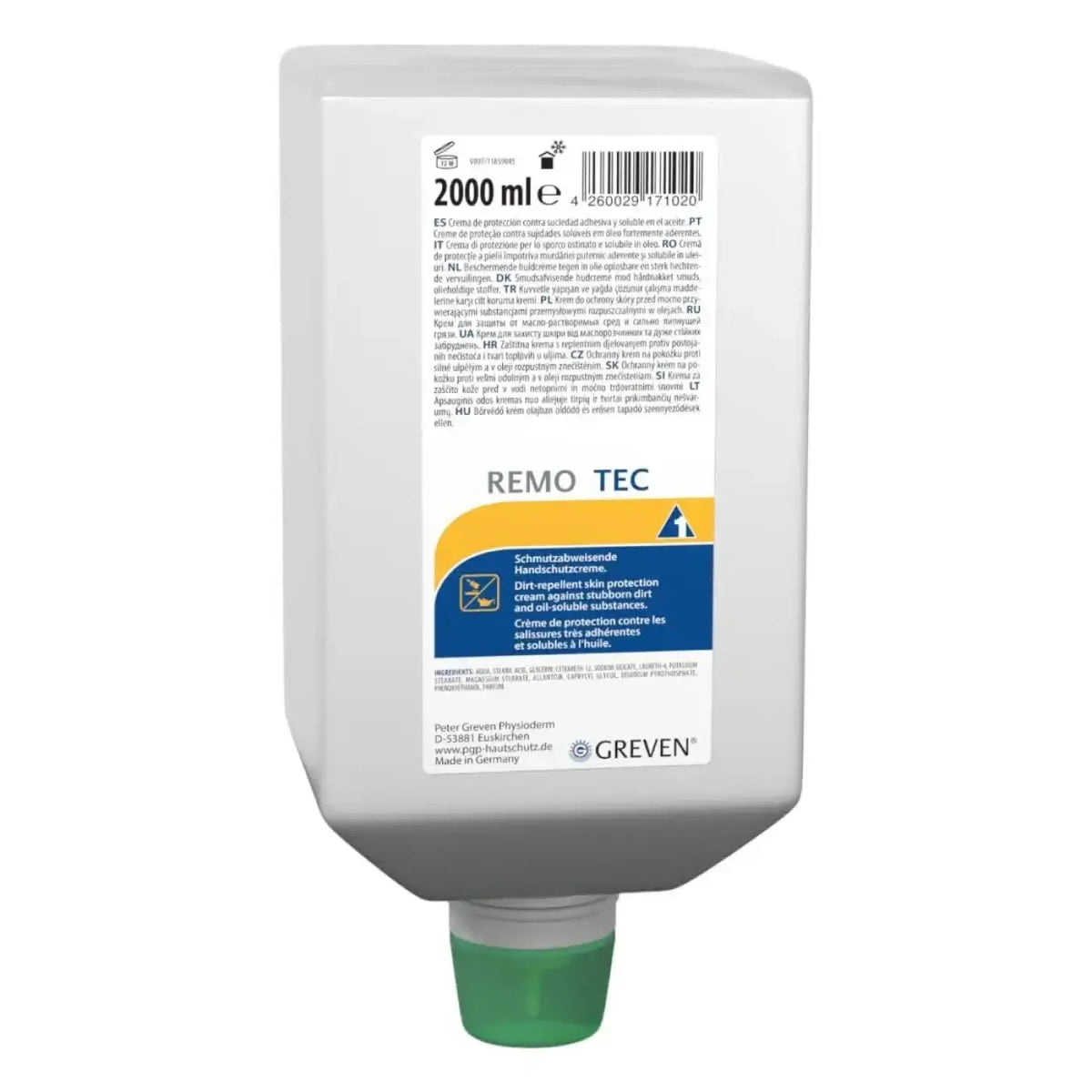 Weiße plastikflasche mit grünem deckel von peter GREVEN remo tec hautschutzcreme für hautschutz