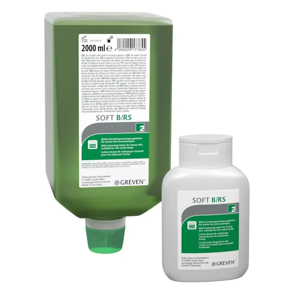Grüne und weiße plastikflasche der milden reinigungslotion soft b rs von peter greven für sanfte hautreinigung