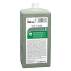 A gray ribbed plastic bottle with a white cap labeled soft b rs by greven for gentle skin cleansing
