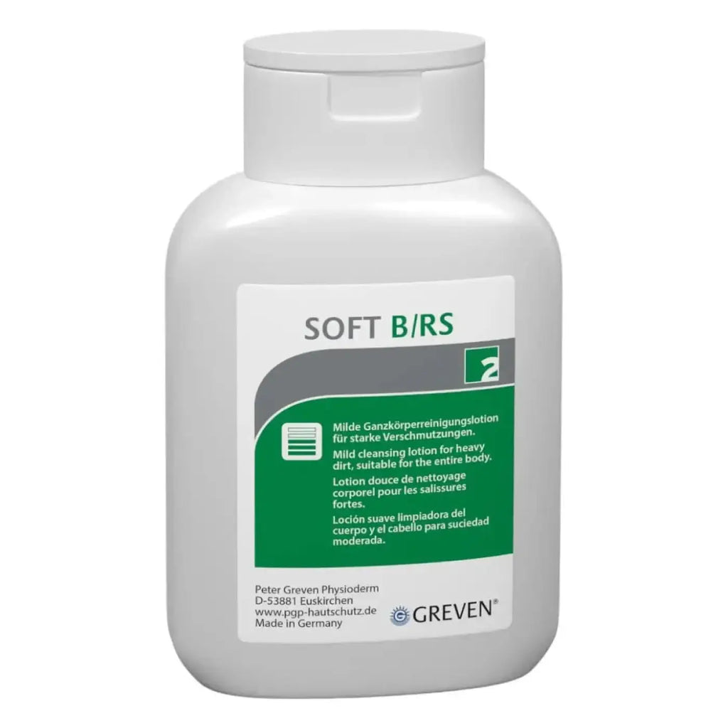 Weiße plastikflasche der soft b/rs mild hautreinigung von peter greven zur gründlichen körperreinigung bei starkem schmutz