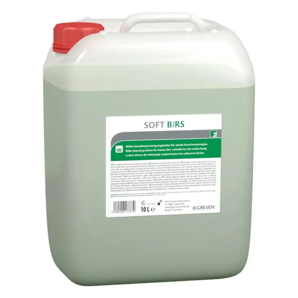 Ein 10 liter weißer kunststoffkanister mit rotem deckel und soft b/rs etikett von peter greven zur hautreinigung