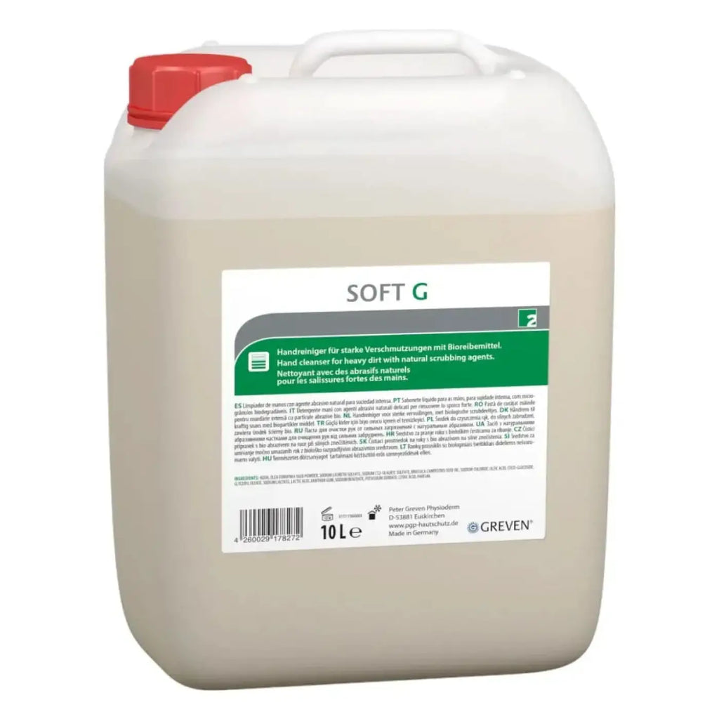 Weißer plastikkanister mit rotem deckel und grünem etikett soft g von greven pasteurisiert handreiniger