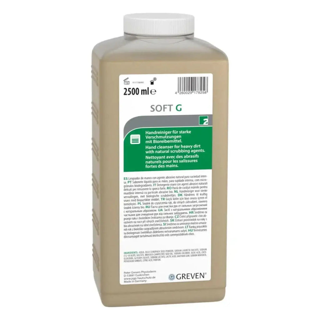Beige kunststoffflasche mit weißem deckel und grünem etikett soft g von peter greven pastöser handreiniger