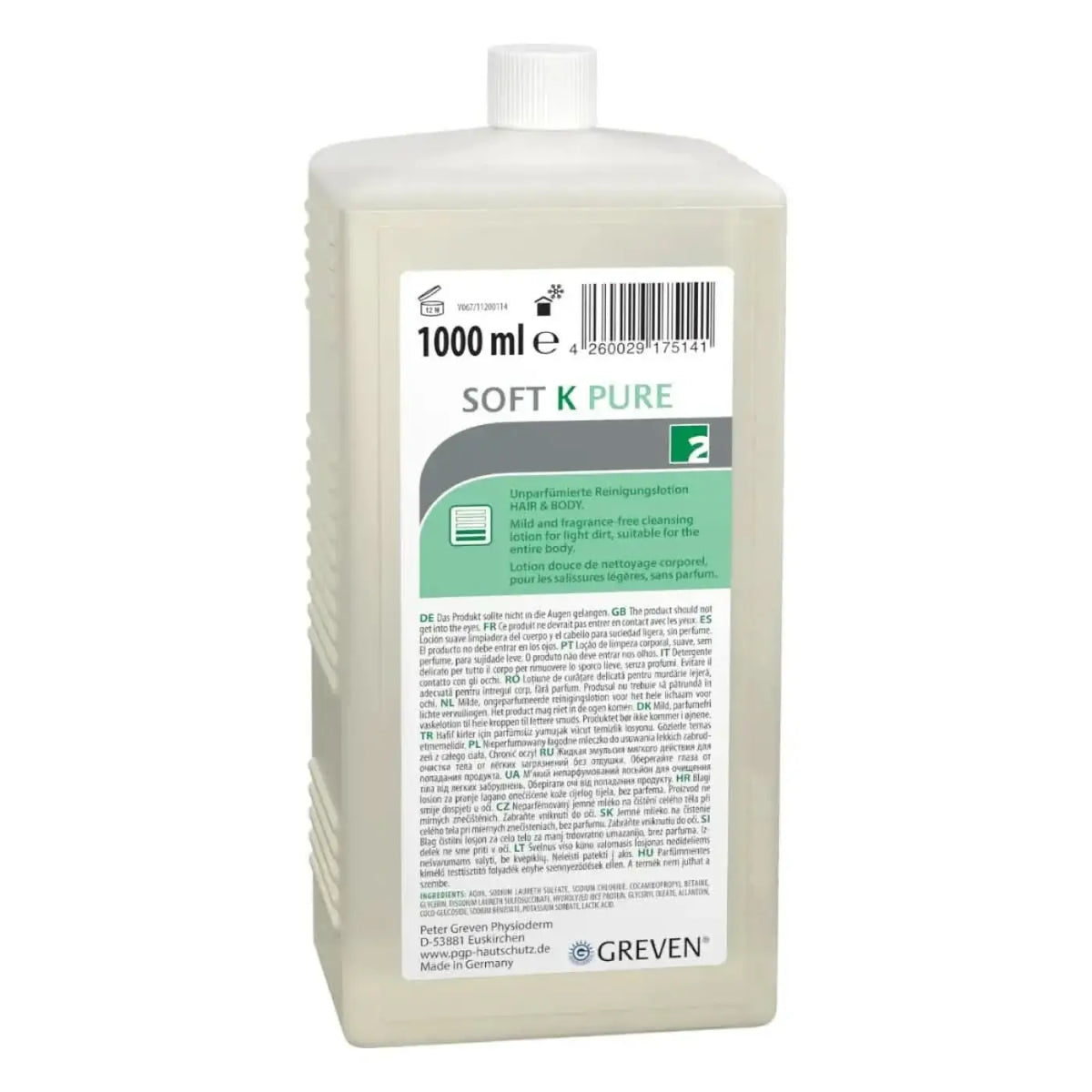 Eine lichtgrüne, durchscheinende plastikflasche mit weißem deckel und label soft k pure von peter greven® soft k pure reinigungslotion unparfümiert