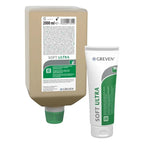 Peter GREVEN® soft ultra Handreiniger in weiß-grünem Tube mit beigem Spender für sanfte Händereinigung