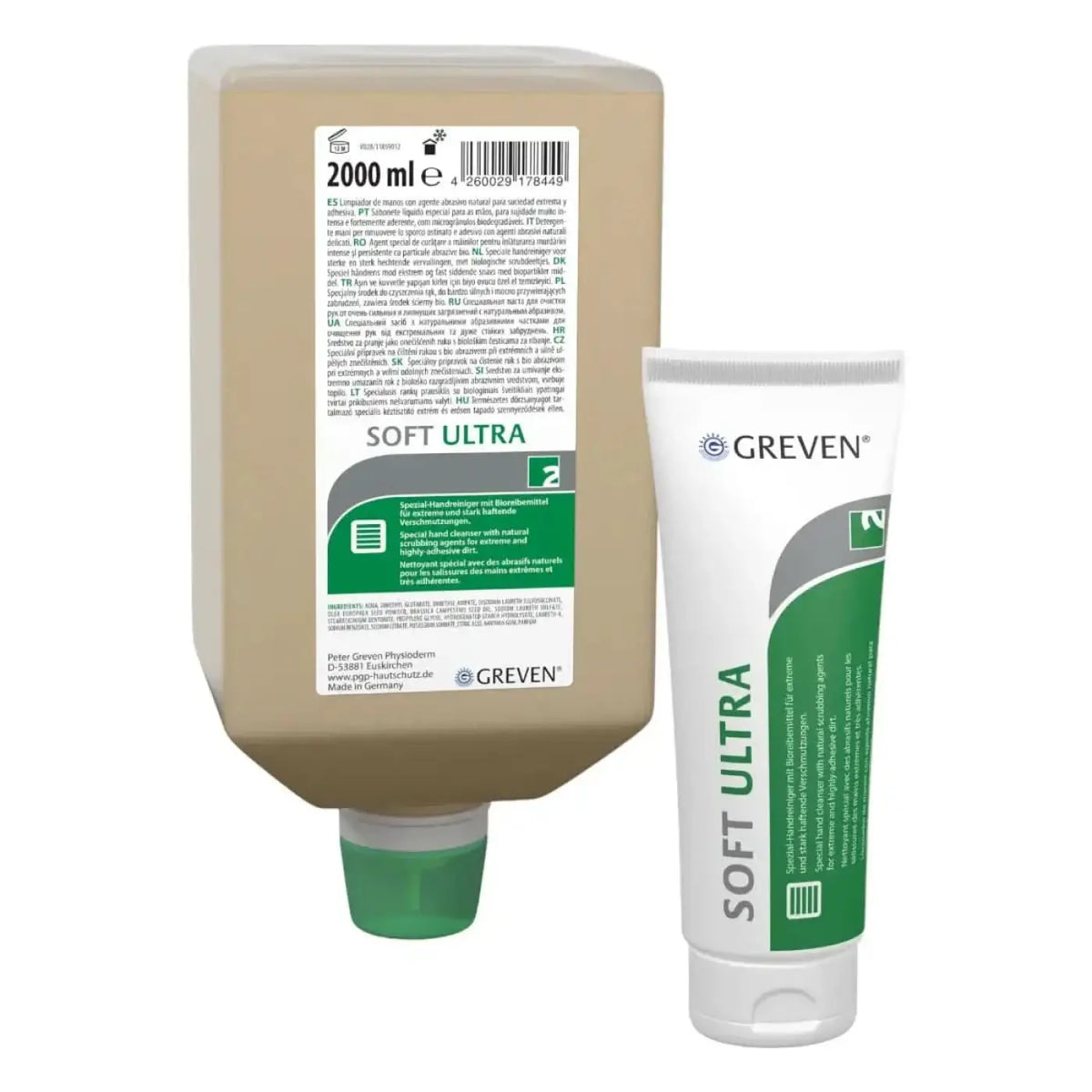 Peter GREVEN® soft ultra Handreiniger in weiß-grünem Tube mit beigem Spender für sanfte Händereinigung