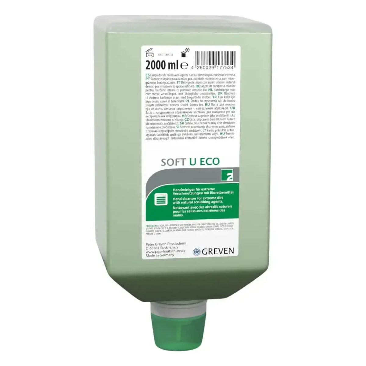 Eine matte salbeigrüne kunststoffspenderflasche soft u eco von peter greven für natürlichen handreiniger