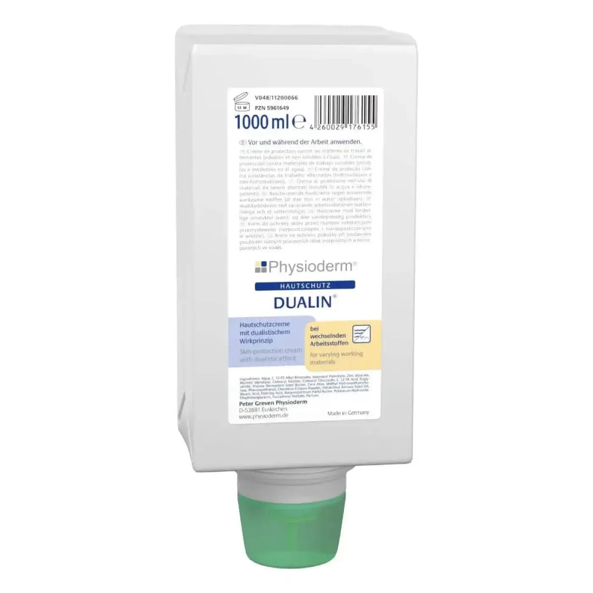 Weiße plastikflasche mit grünem pumpspender physioderm dualin hautschutzcreme für handschutz