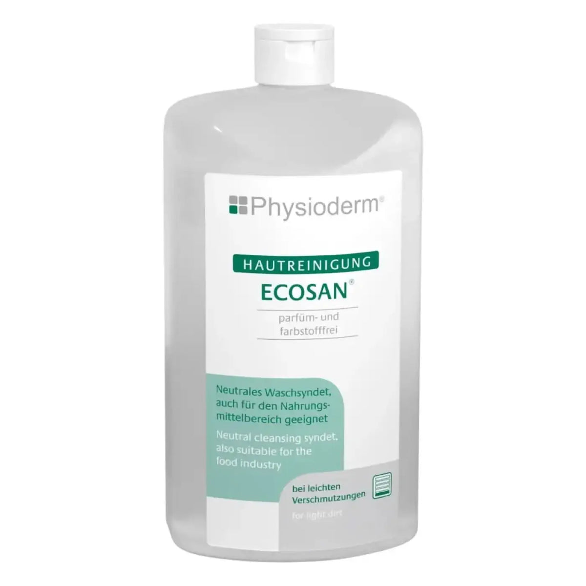Klare plastikflasche physioderm ecosan hautreinigungslotion parfum- und farbstofffrei mit neutralem reiniger
