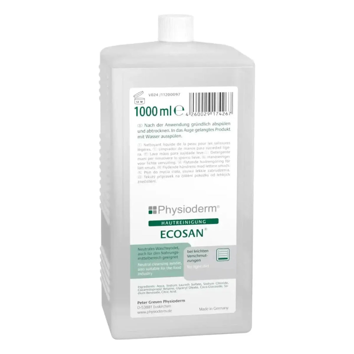 Ein durchscheinende weiße plastikflasche mit geriffelter struktur und weißem deckel, beschriftet mit physioderm ecosan hautreinigungslotion haccp