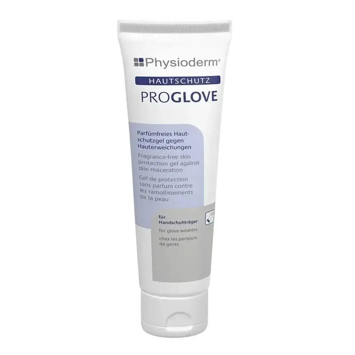 Physioderm proglove hautschutzgel in weißer tube mit blau-grauem etikett schützt die haut unter handschuhen duftfrei