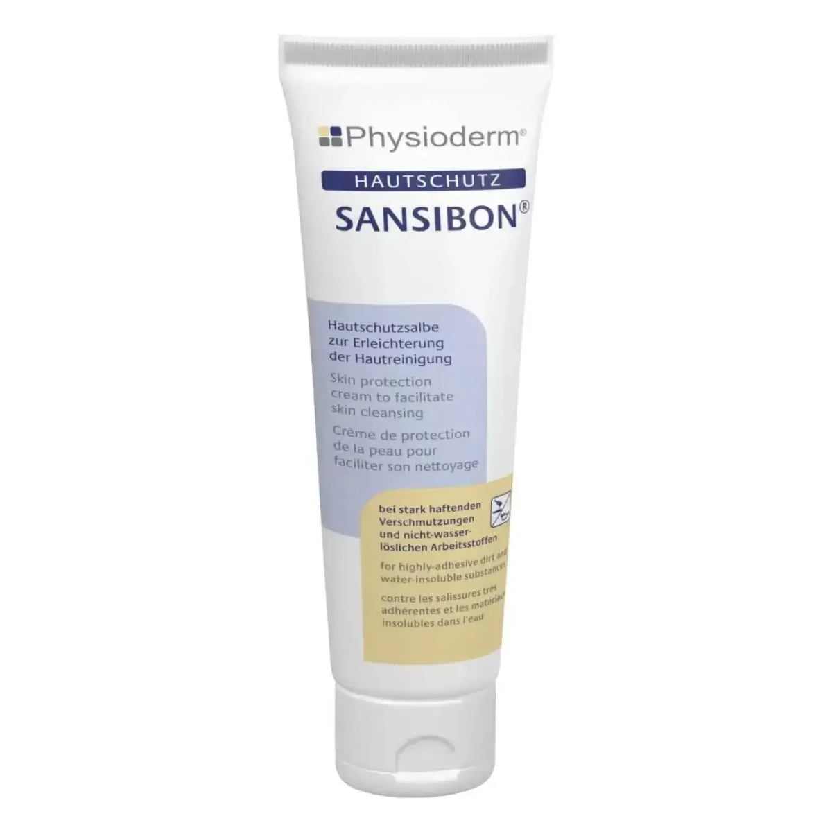 Weiße tube physioderm sansibon hautschutzcreme für hautreinigung und schutz