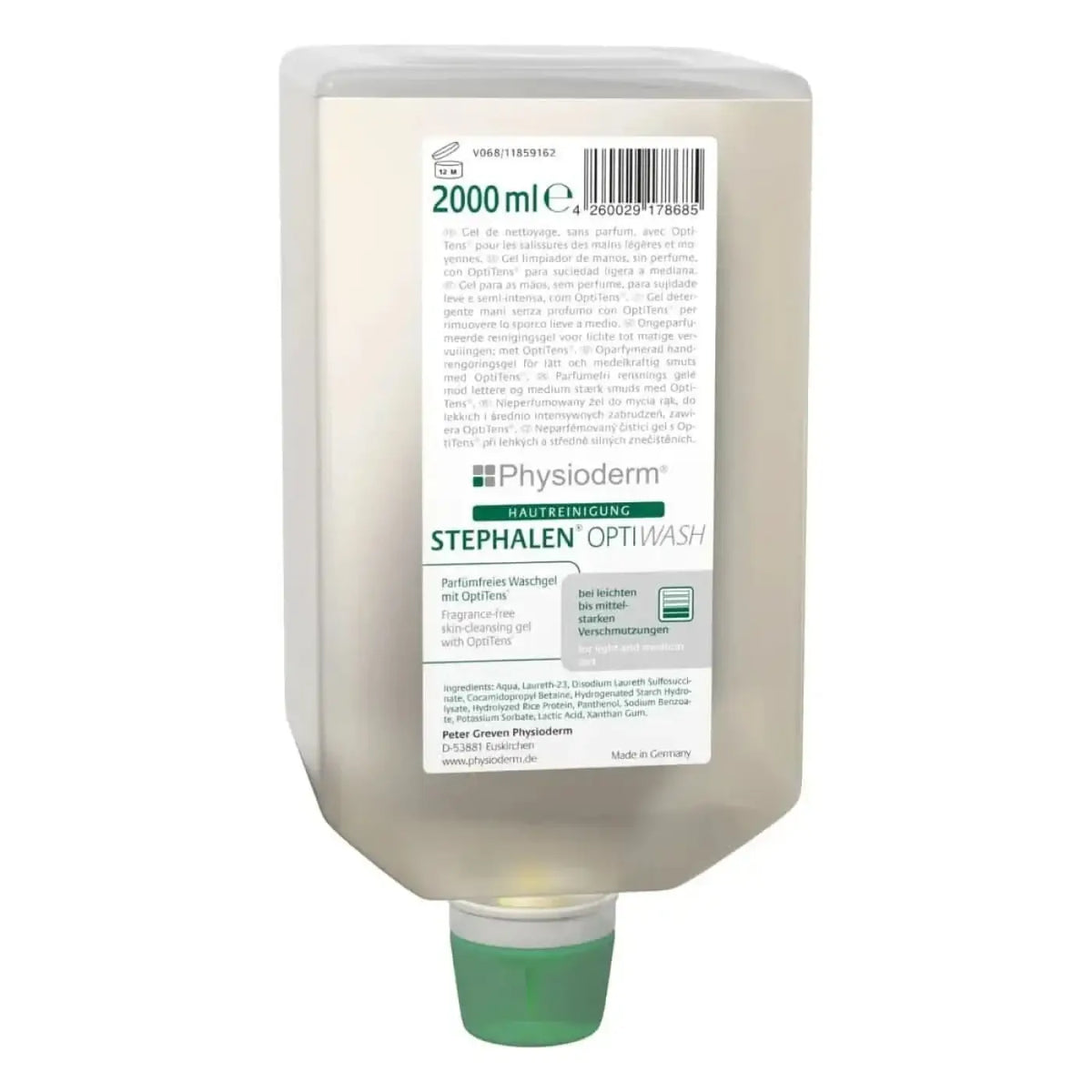 Ein 2000 ml durchsichtige plastikflasche physioderm stephalen optiwash mit grünem verschluss und mehrsprachigem etikett