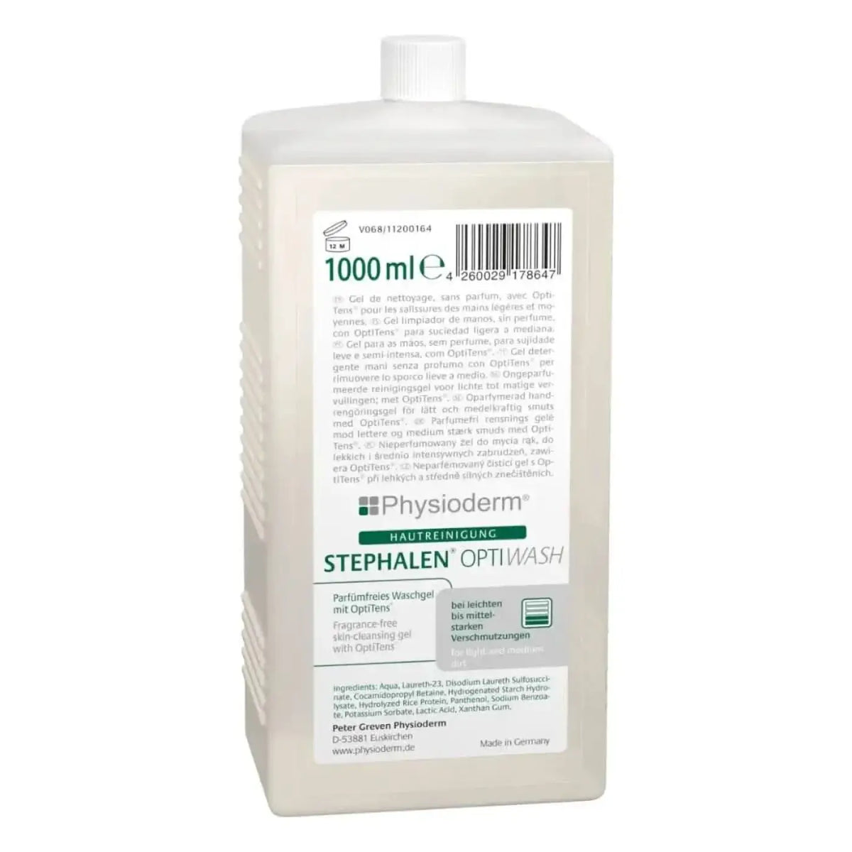 Ein durchscheinend weißer plastikflasche physioderm stephalen optiwash duftfreies reinigungsgel mit optitens