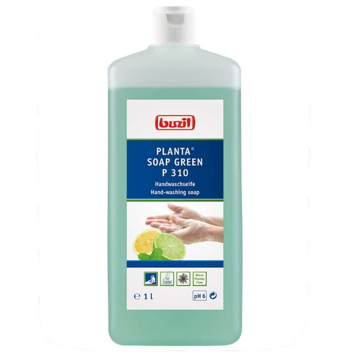 Eine durchscheinend hellgrüne flasche buzil planta soap green p 310 ökologische handwaschseife mit weißem klappverschluss und zitronen, limetten und minzabbildung auf dem etikett