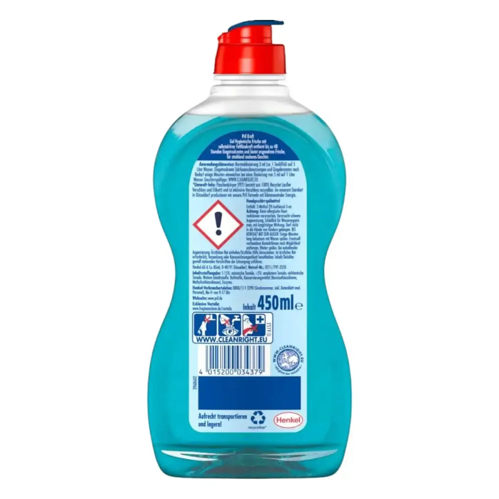 Durchsichtige plastikflasche mit rotem pumpspender, gefüllt mit türkisfarbener cleanright pril spülmittel kraftgel hygienische frische 450ml