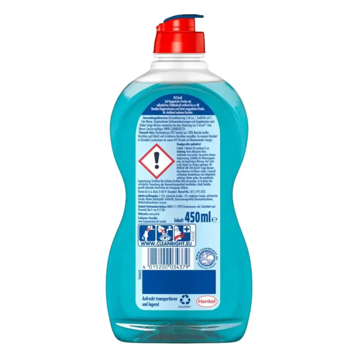 Durchsichtige plastikflasche mit rotem pumpspender, gefüllt mit türkisfarbener cleanright pril spülmittel kraftgel hygienische frische 450ml
