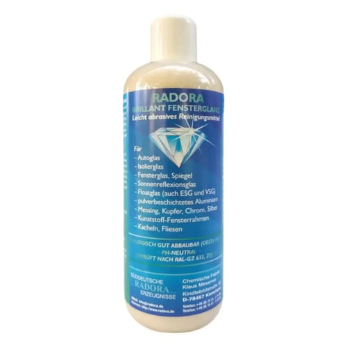 A translucent beige bottle of radoras brillant fensterglanz light abrasive cleaning solution with blue label and diamond graphic