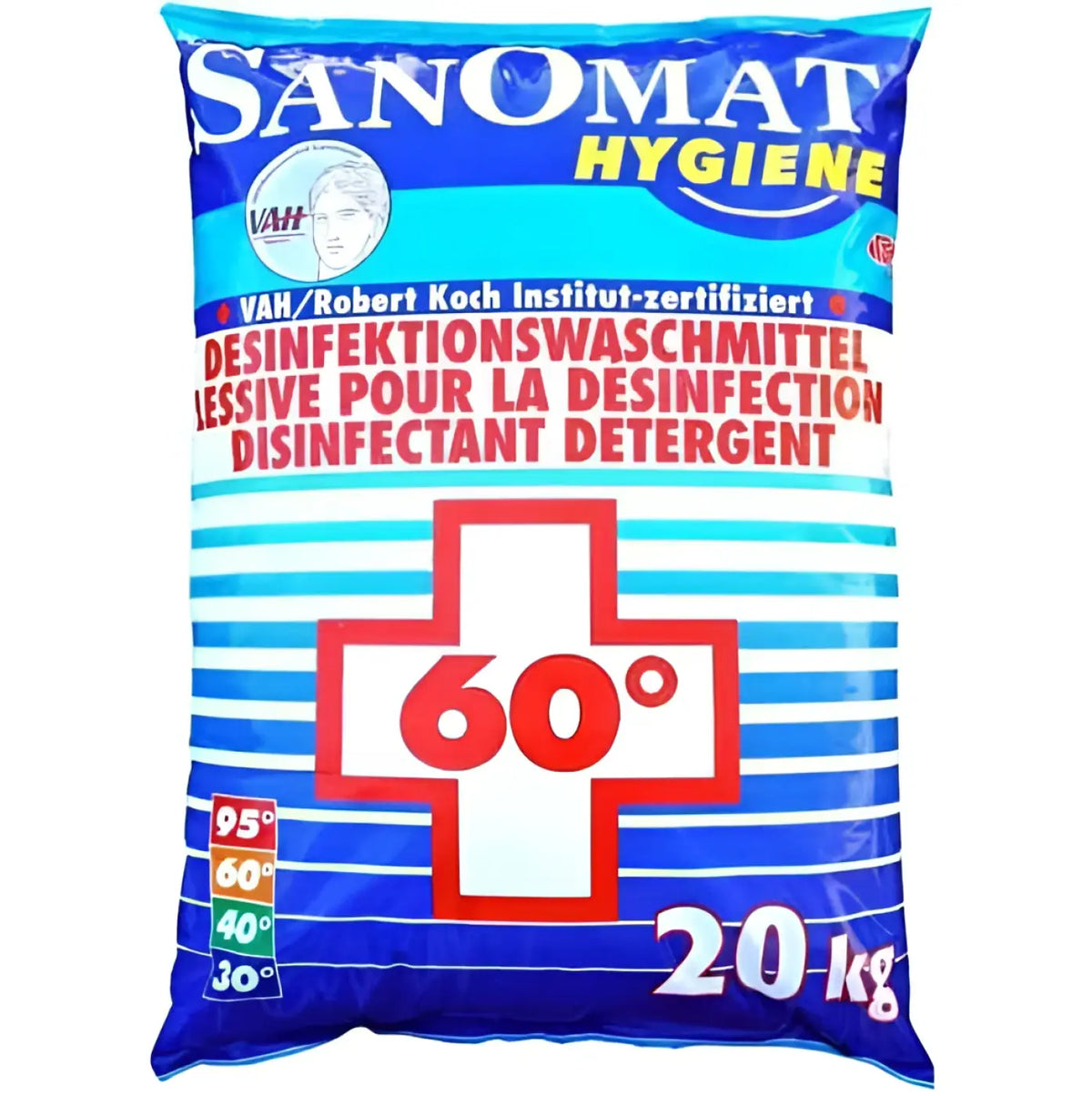 Sanomat desinfektionswaschmittel 20 kg blaue weiße gestreifte tasche mit rotem kreuz und 60 grad kennzeichnung