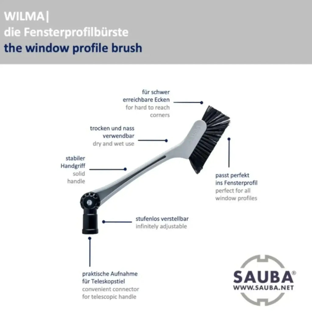 Sauba fensterprofilbürste wilma mit adapter in silber und schwarz mit verstellbarem griff für schwer erreichbare ecken