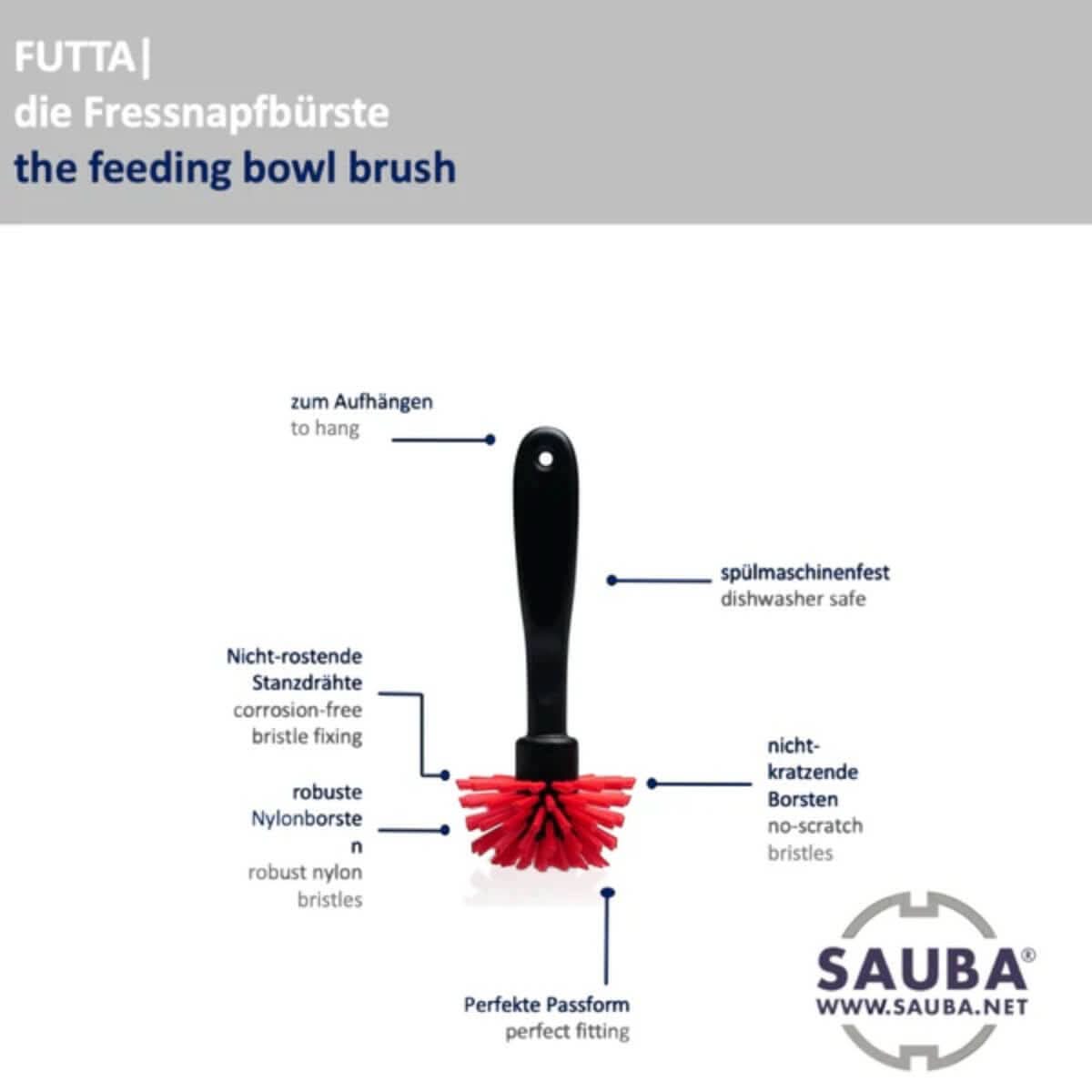 Schwarze griff futternapf bürste mit roten nylonborsten und spülmaschinenfestes design von sauba futta