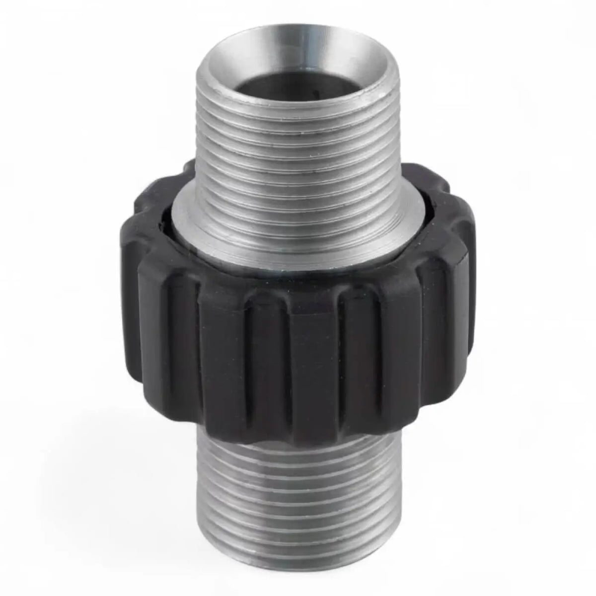 Schlauchverbinder m22 x 1,5 in schwarz und silber mit geripptem schwarzem kunststoffgriff aus metall und kunststoff