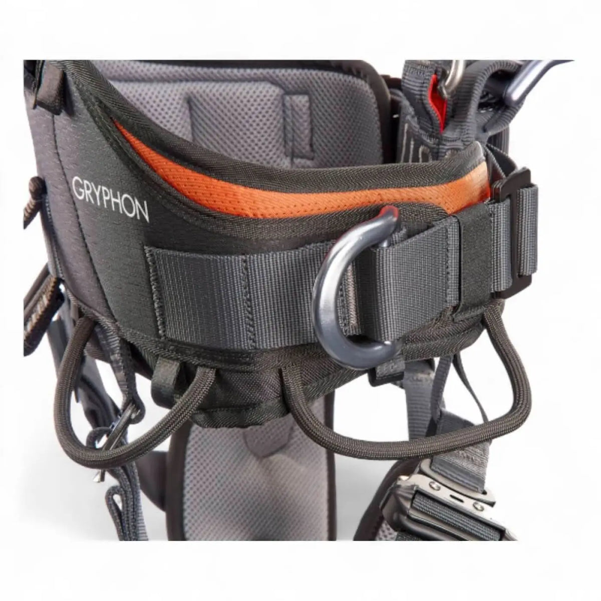 Skylotec gryphon sitzgurt mit schwarzen und orangen verstärkten webbing-riemen und metall-d-ring