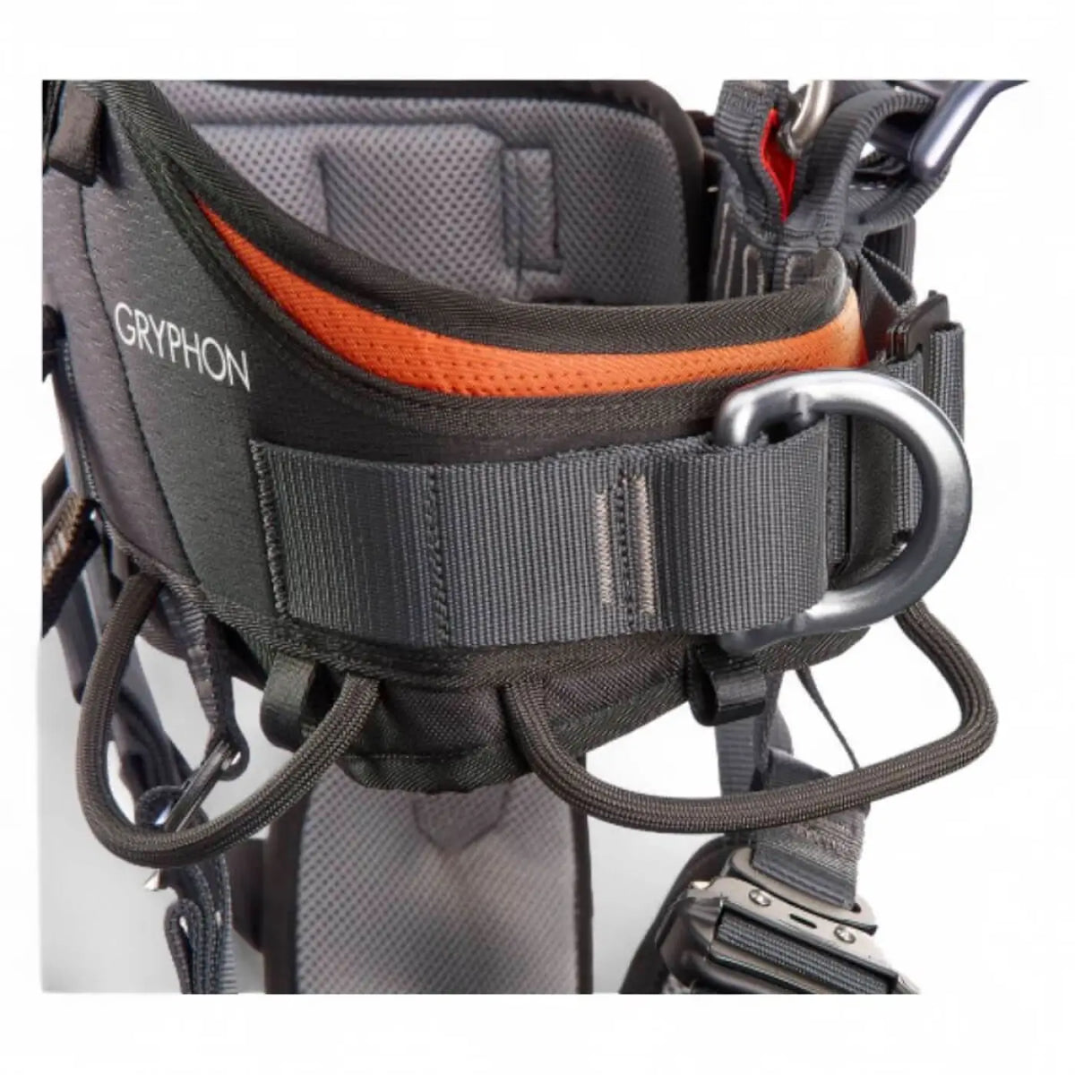Schwarzer und oranger Skylotec gryphon sitzgurt klettergurt mit robusten Gurtbändern und metallischem d-ring