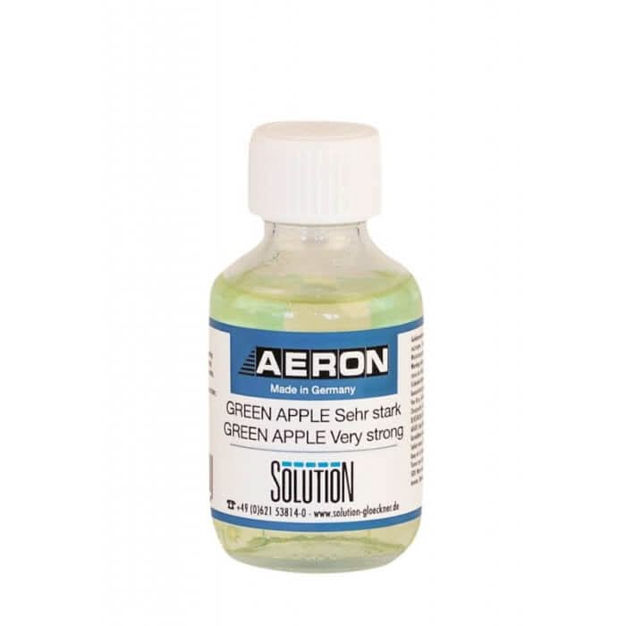 Eine klare glasflasche mit weißem deckel enthält ein hellgrünes aeron green apple sehr stark raumduft lösung