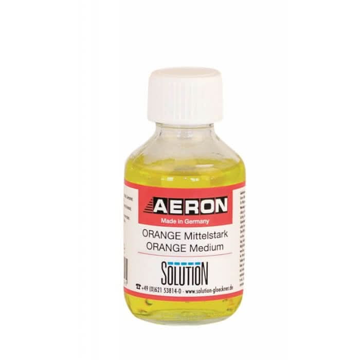 Aeron raumduft orange mittelstark in klarer glasflasche mit weißem verschluss und orangefarbener lösung
