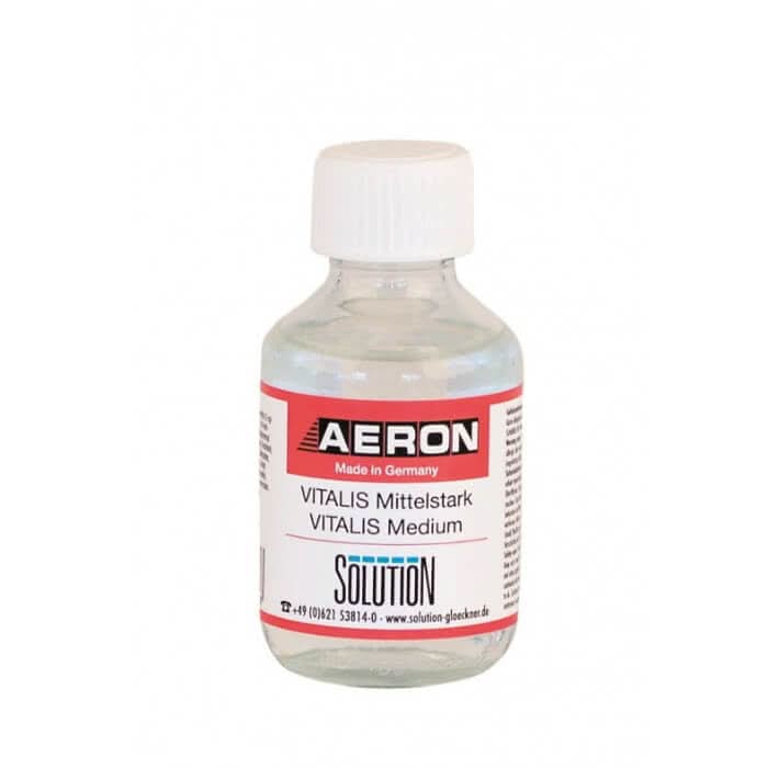 Aeron vitalis mittelstark medizinische lösung in klarem glasflasche mit weißem verschluss und rot-weißem etikett