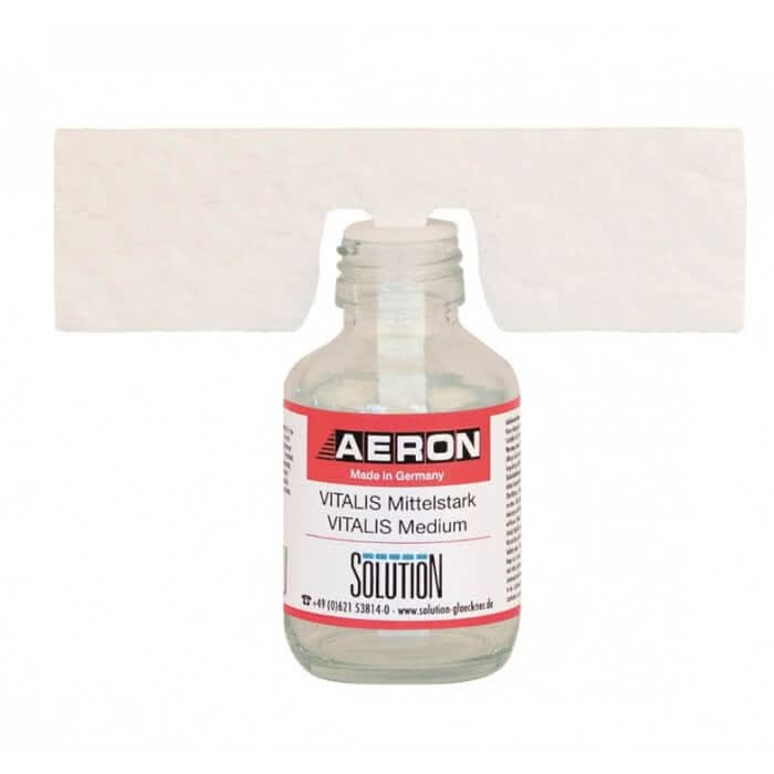 Klar glasflasche with red and white label reading aeron vitalis medium solution made in germany for mittelstark use