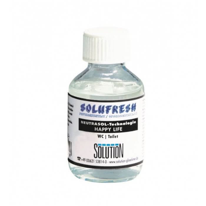 Klarer glasflasche mit weißem rippverschluss und solufresh etikett in blau für wc toiletten verwendet