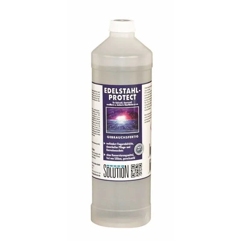 Transparent kunststoffflasche mit weißem verschluss und etiket edelstahl-protect von solution mit klarem flüssigkeit