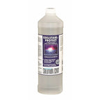 Transparent kunststoffflasche mit weißem verschluss und etiket edelstahl-protect von solution mit klarem flüssigkeit