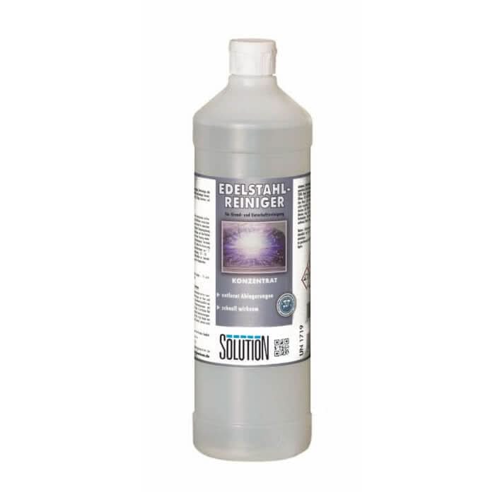 Eine transparente plastikflasche mit weißem deckel und etikett edelstahl-reiniger von solution enthält klare flüssigkeit