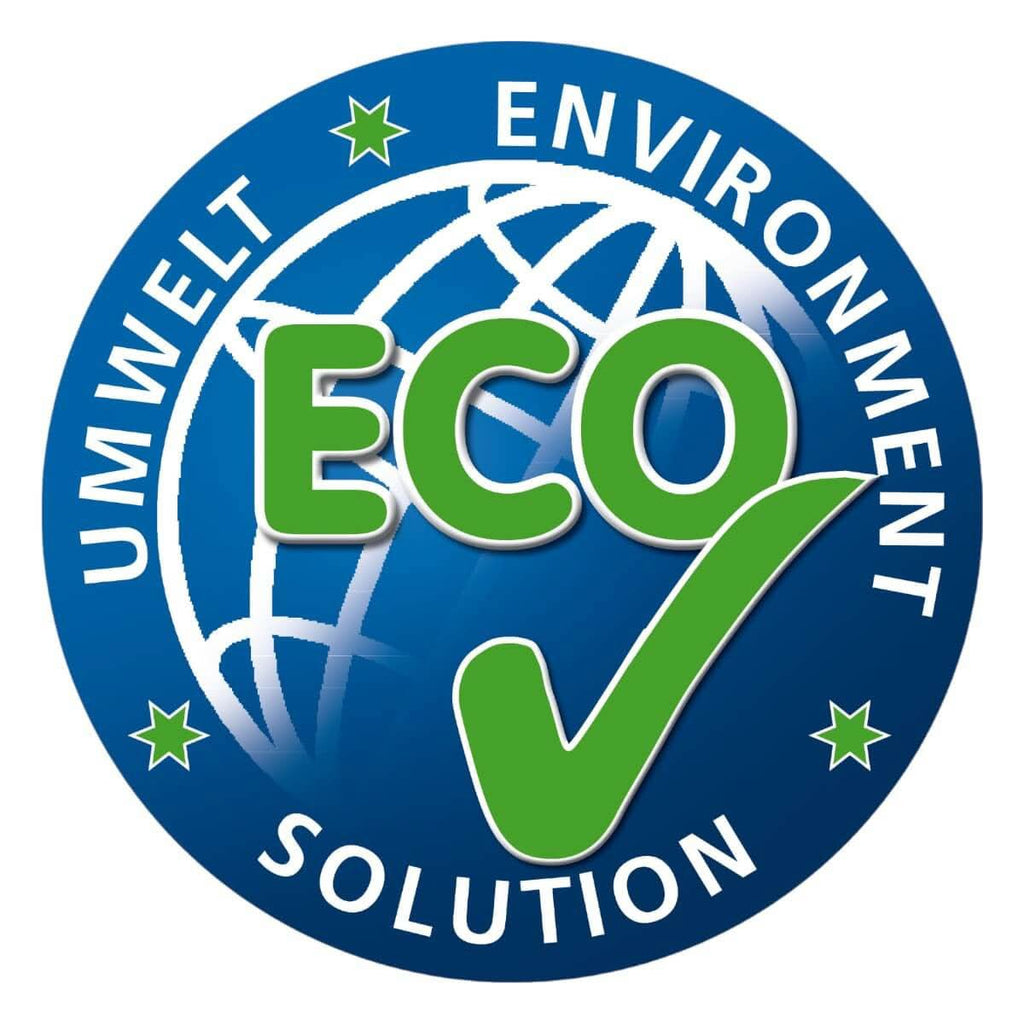 Kreisförmiges umweltfreundliches logo mit grünem eco-text und haken auf blauem globus für solution glöckner solugloss iv handpad