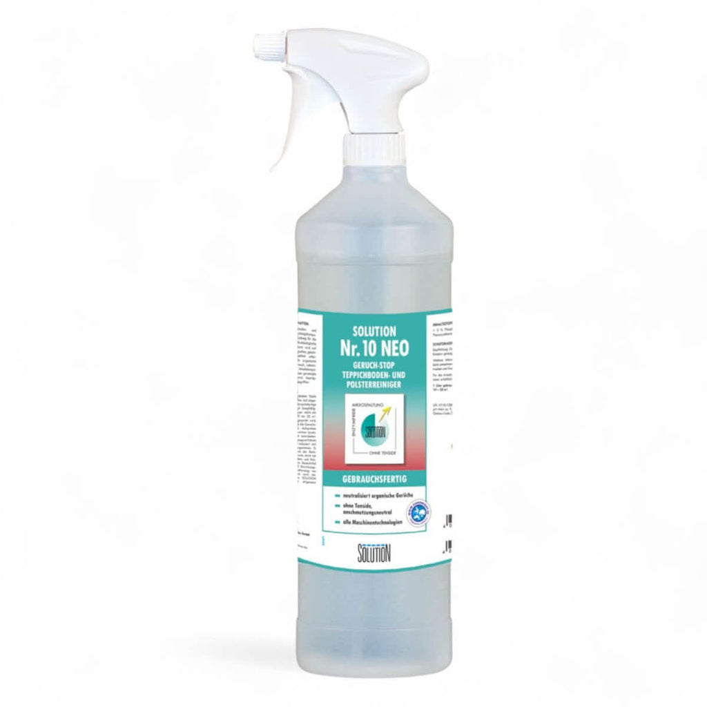 Klare plastik-sprühflasche mit weißem trigger und teal-weißem etikett solution nr 10 neo für geruch-stop reinigung