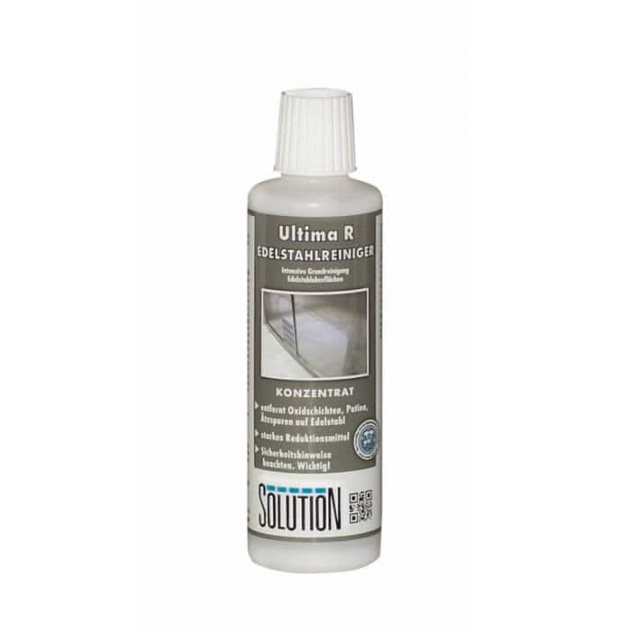 Eine klare kunststoffflasche mit weißem geripptem verschluss und etikett ultima r edelstahlreiniger von solution, 250 ml spezialgrundreiniger